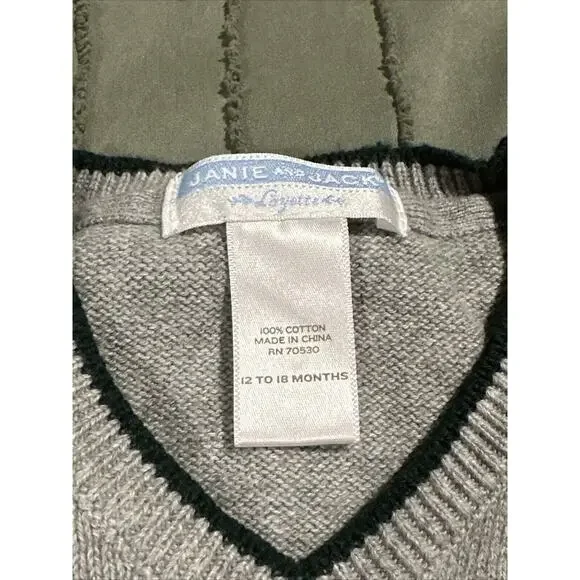 Janie and Jack Boys 12-18m Gray Green Dog Knit Sweater Vest Christmas Holiday - Picture 3 of 6